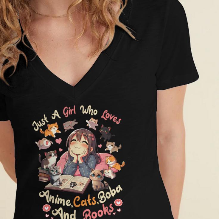 Just Girl Who Loves Anime Cats Boba And Books Bubble Tea Women's Jersey Short Sleeve Deep V-Neck Tshirt
