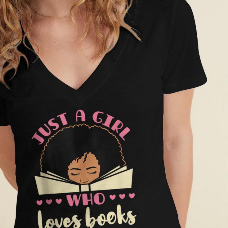 Just a Girl Who Loves Books African American Book Nerd Lover Women's Jersey Short Sleeve Deep V-Neck Tshirt Just a Girl Who Loves Books African American Book Nerd Lover Women's Jersey Short Sleeve Deep V-Neck Tshirt