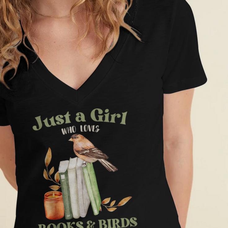 Just a Girl Who Loves Books And Birds Book Reading Bird Love Women's Jersey Short Sleeve Deep V-Neck Tshirt