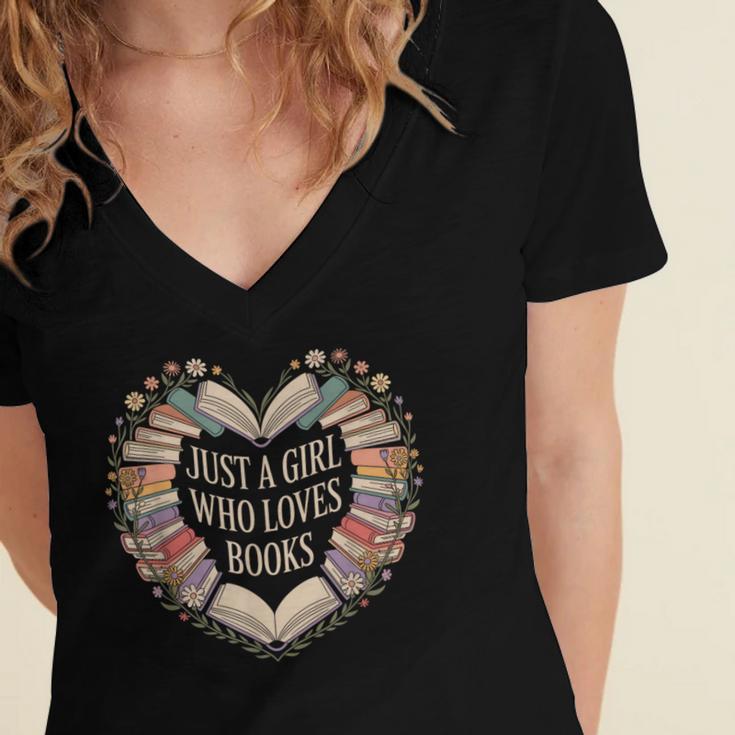 Just a Girl Who Loves Books Book Lover Librarian For Women Women's Jersey Short Sleeve Deep V-Neck Tshirt