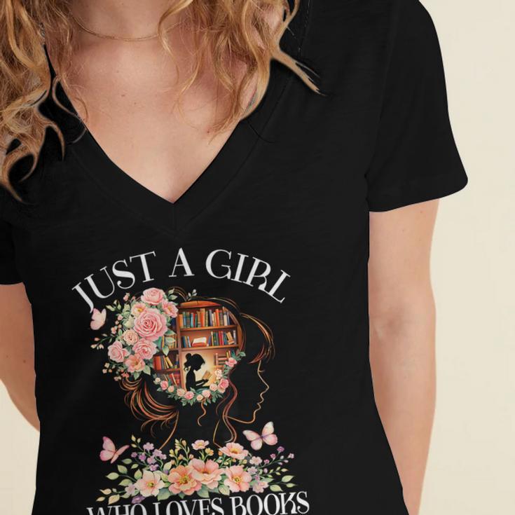 Just A Girl Who Loves Books Book Lover Reading For Women Women's Jersey Short Sleeve Deep V-Neck Tshirt