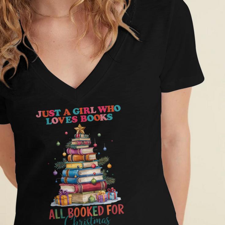 Just a Girl Who Loves Books All Booked For Christmas Women's Jersey Short Sleeve Deep V-Neck Tshirt Just a Girl Who Loves Books All Booked For Christmas Women's Jersey Short Sleeve Deep V-Neck Tshirt
