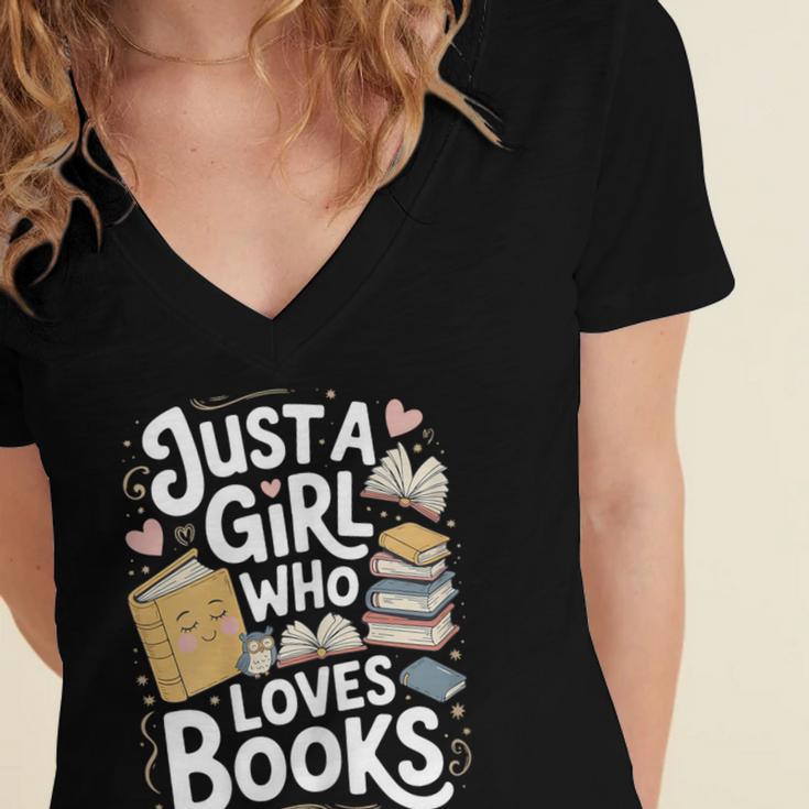 Just a Girl Who Loves Books Bookish Readers Book Lover Girls Women's Jersey Short Sleeve Deep V-Neck Tshirt