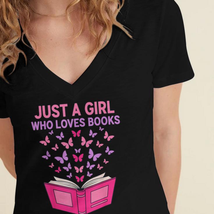 Just A Girl Who Loves Books Butterflies Reading Women's Jersey Short Sleeve Deep V-Neck Tshirt Just A Girl Who Loves Books Butterflies Reading Women's Jersey Short Sleeve Deep V-Neck Tshirt