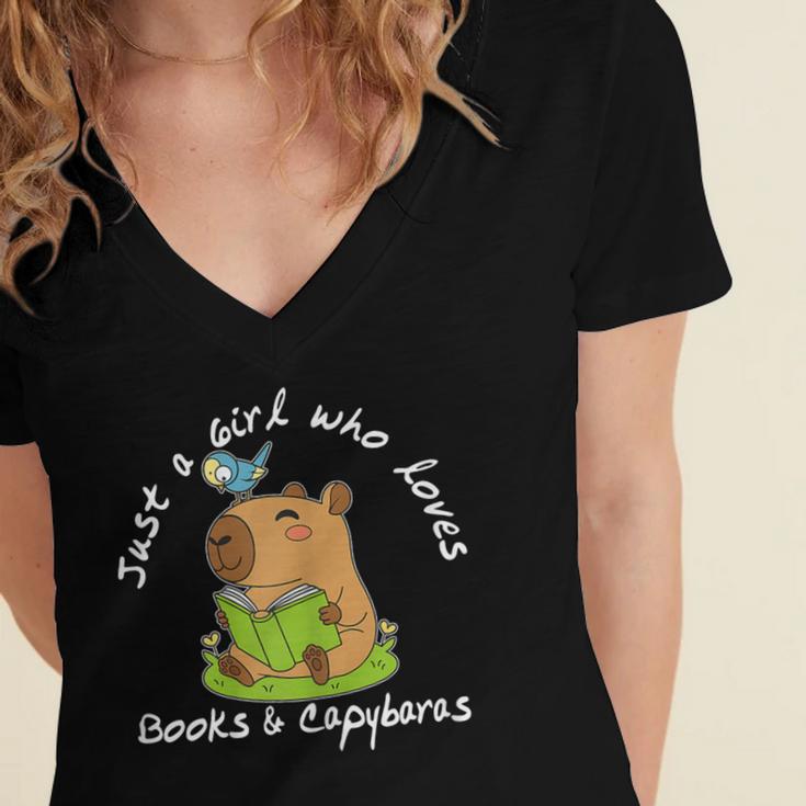 Just a Girl Who Loves Books And Capybaras Women's Jersey Short Sleeve Deep V-Neck Tshirt