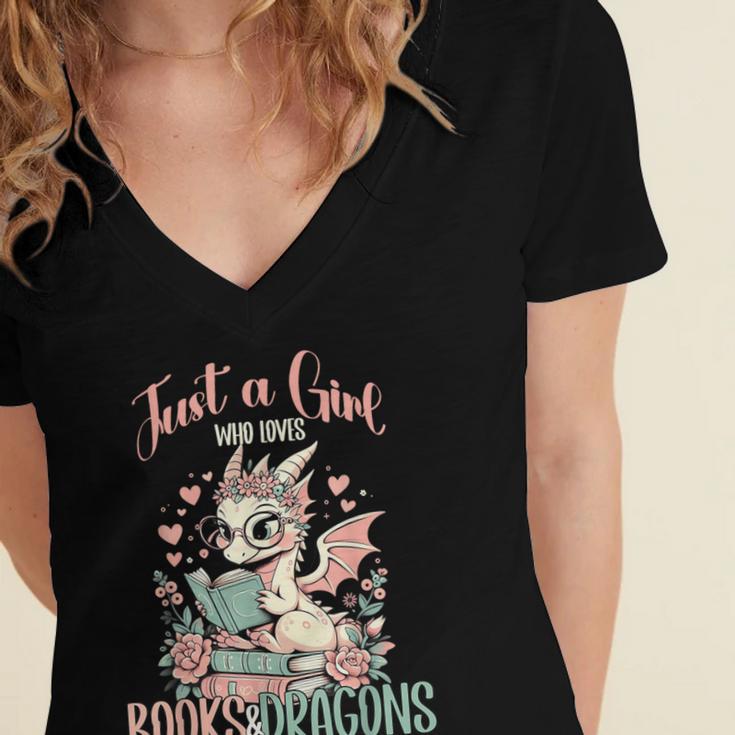 Just a Girl Who Loves Books And Dragons Book Dragon Lover Women's Jersey Short Sleeve Deep V-Neck Tshirt