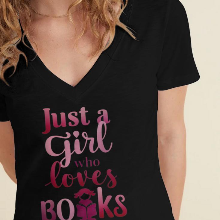 JUST A GIRL WHO LOVES BOOKS LIBRARIAN BOOK LOVERS BOOKWORM Women's Jersey Short Sleeve Deep V-Neck Tshirt