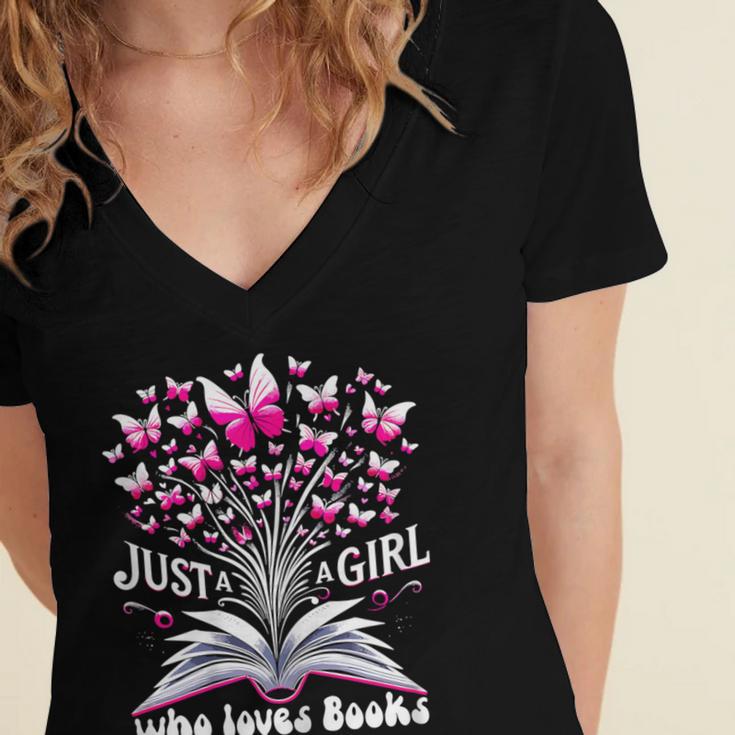 Just a Girl Who Loves Books Reading Book Butterfly Bookworm Women's Jersey Short Sleeve Deep V-Neck Tshirt Just a Girl Who Loves Books Reading Book Butterfly Bookworm Women's Jersey Short Sleeve Deep V-Neck Tshirt