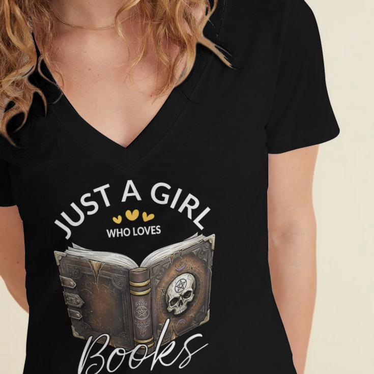 Just A Girl Who Loves Books Witchcraft Spell Book Halloween Women's Jersey Short Sleeve Deep V-Neck Tshirt