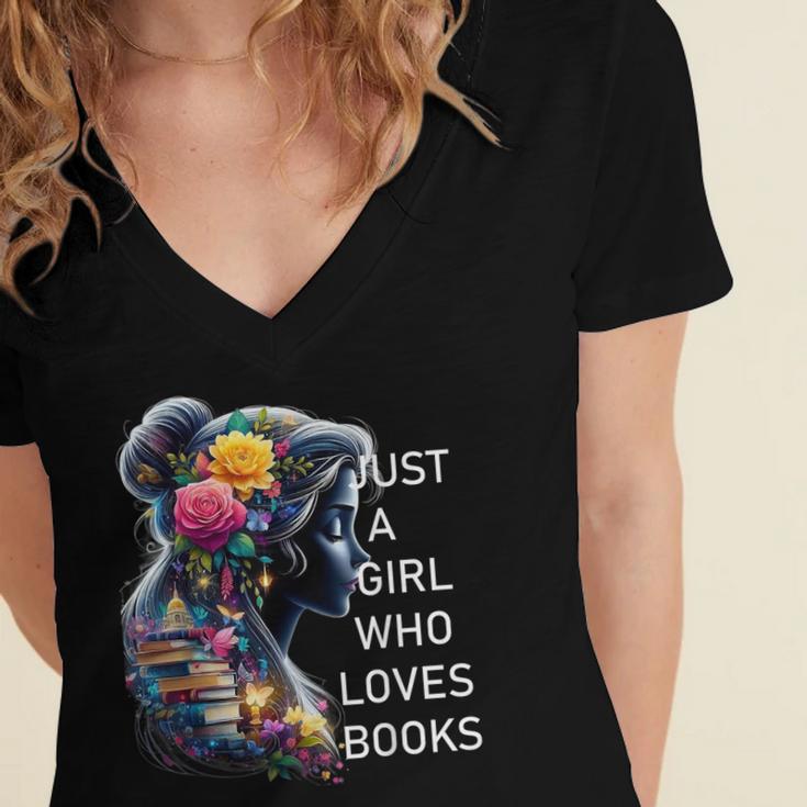 Just a Girl Who Loves Books Women's Jersey Short Sleeve Deep V-Neck Tshirt Just a Girl Who Loves Books Women's Jersey Short Sleeve Deep V-Neck Tshirt
