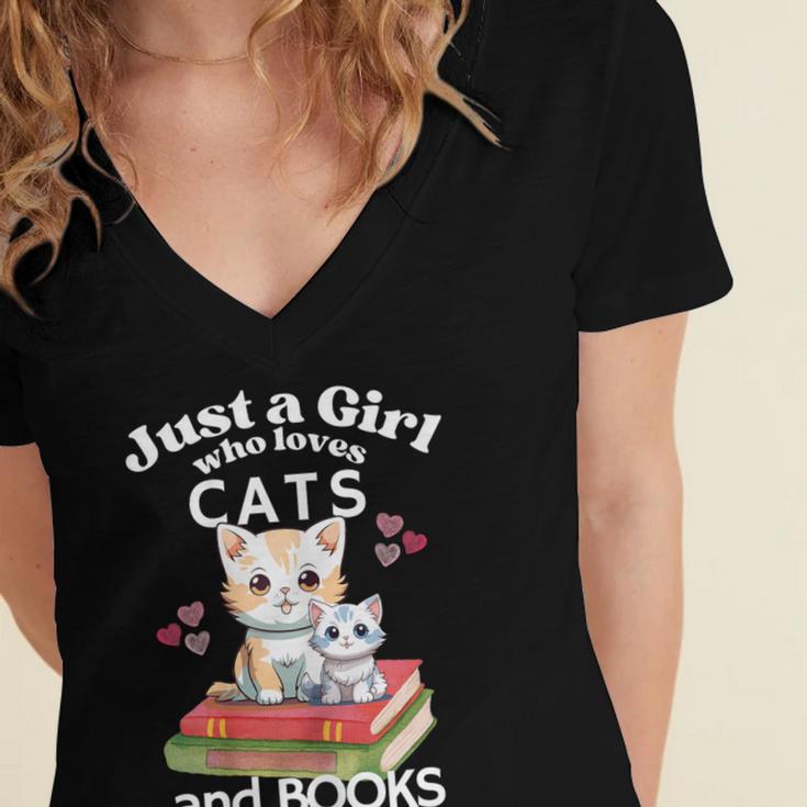 Just A Girl That Loves Cats And Books Cute Cat & Bookwork Women's Jersey Short Sleeve Deep V-Neck Tshirt Just A Girl That Loves Cats And Books Cute Cat & Bookwork Women's Jersey Short Sleeve Deep V-Neck Tshirt