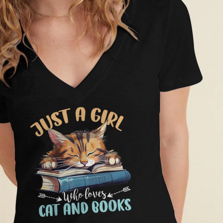 Just a Girl Who Loves Cats And Books Kitties Pet Art Lover Women's Jersey Short Sleeve Deep V-Neck Tshirt Just a Girl Who Loves Cats And Books Kitties Pet Art Lover Women's Jersey Short Sleeve Deep V-Neck Tshirt