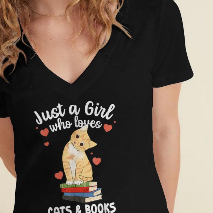 Just a Girl Who Loves Cats And Books Reading Cat & Bookworm Women's Jersey Short Sleeve Deep V-Neck Tshirt