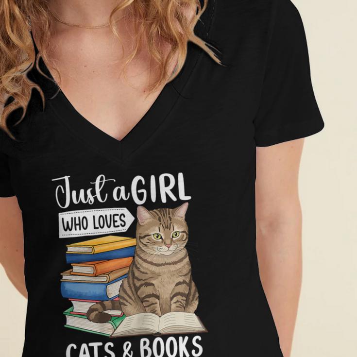 Just a Girl Who Loves Cats And Books Women's Jersey Short Sleeve Deep V-Neck Tshirt