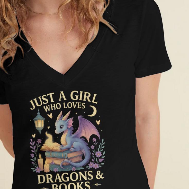 Just a Girl Who Loves Cute Dragons And Books Women's Jersey Short Sleeve Deep V-Neck Tshirt