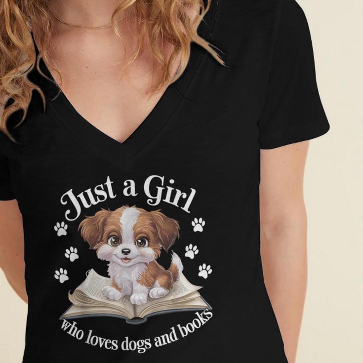 Just a Girl Who Loves Dogs And Books Cute Dog Women's Jersey Short Sleeve Deep V-Neck Tshirt