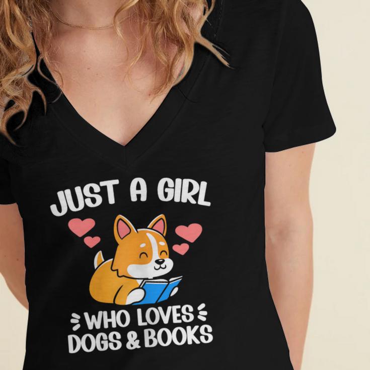 Just A Girl Who Loves Dogs And Books Reading Dog Puppy Lover Women's Jersey Short Sleeve Deep V-Neck Tshirt