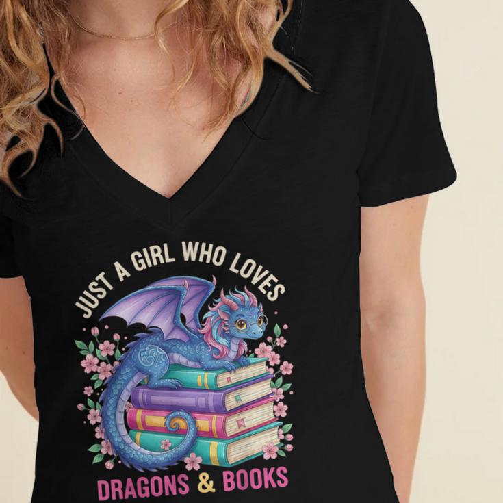 Just a Girl Who Loves Dragons And Books Dragon Reading Women's Jersey Short Sleeve Deep V-Neck Tshirt