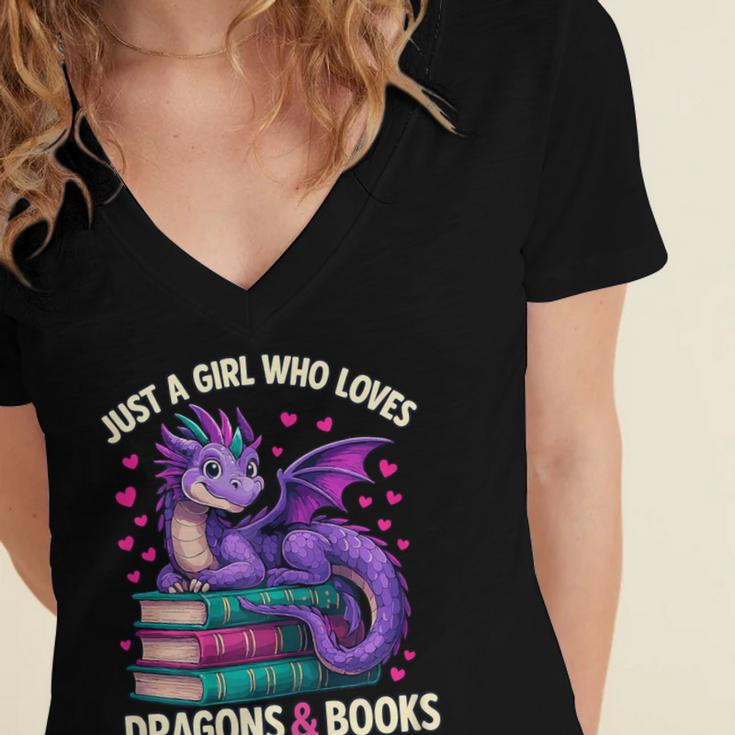 Just a Girl Who Loves Dragons And Books Reading Women's Jersey Short Sleeve Deep V-Neck Tshirt