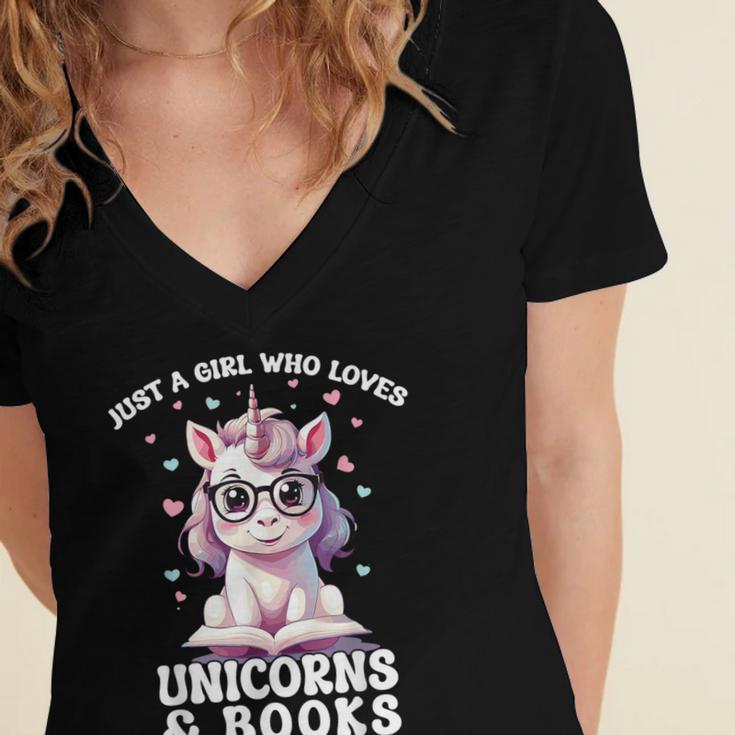 Just a Girl Who Loves Unicorns & Books Bookish Unicorn Love Women's Jersey Short Sleeve Deep V-Neck Tshirt