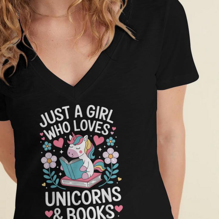 Just a Girl Who Loves Unicorns And Books Women's Jersey Short Sleeve Deep V-Neck Tshirt