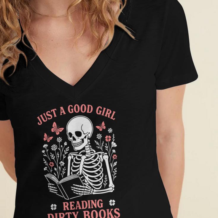 Just A Good Girl Reading Dirty Books Dark Romance Women's Jersey Short Sleeve Deep V-Neck Tshirt Just A Good Girl Reading Dirty Books Dark Romance Women's Jersey Short Sleeve Deep V-Neck Tshirt