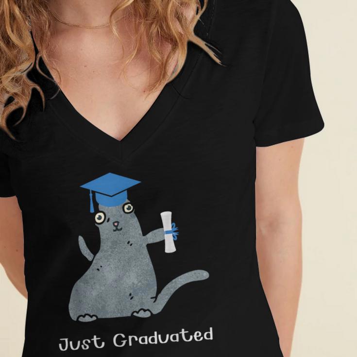 Just Graduated Cat With Graduation Cap And Diploma For Men Women Girls Kids Women's Jersey Short Sleeve Deep V-Neck Tshirt