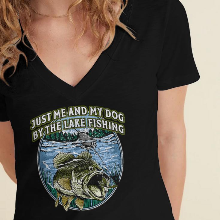 Just Let Me And My Dog By Lake Fishing Introvert Lifestyle Women's Jersey Short Sleeve Deep V-Neck Tshirt