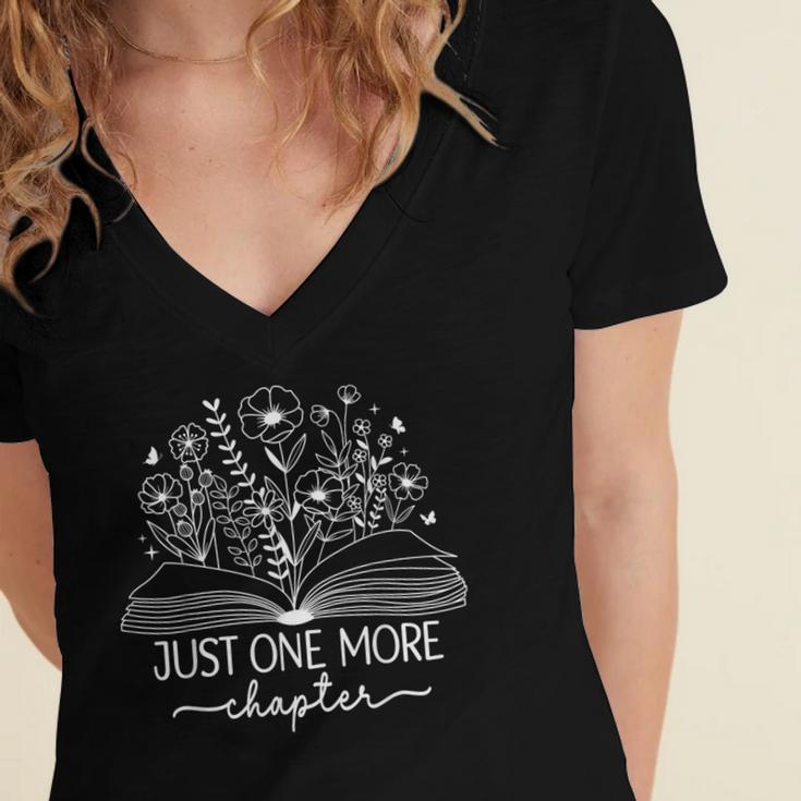 Just One More Chapter Bookish Book Reading Botanical Book Women's Jersey Short Sleeve Deep V-Neck Tshirt