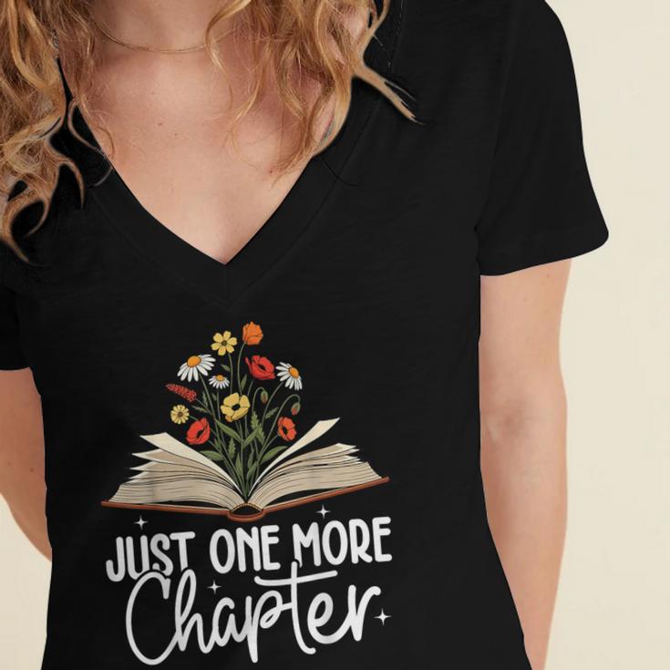 Just One More Chapter Floral Book Reading Girl Bookworm Women's Jersey Short Sleeve Deep V-Neck Tshirt