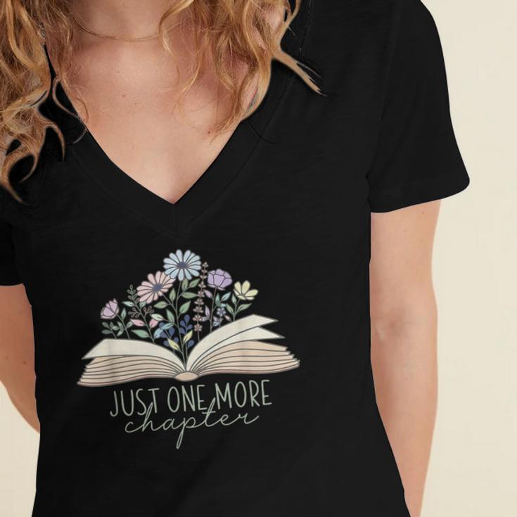 Just One More Chapter Floral Book Wildflower Aesthetic Art Women's Jersey Short Sleeve Deep V-Neck Tshirt