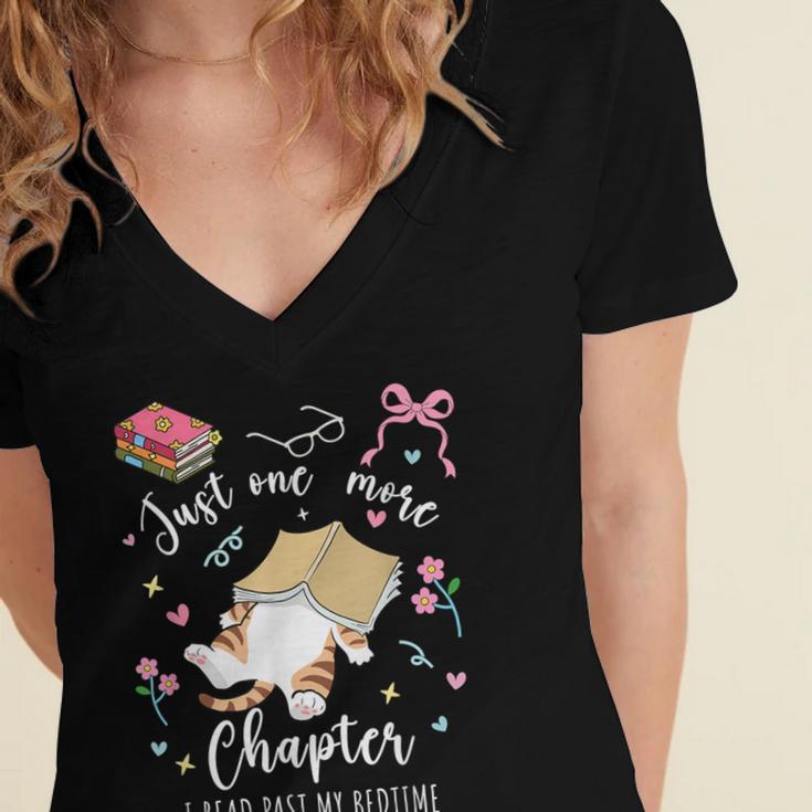 Just One More Chapter I Read Past My Bedtime Cat Book Lover Women's Jersey Short Sleeve Deep V-Neck Tshirt