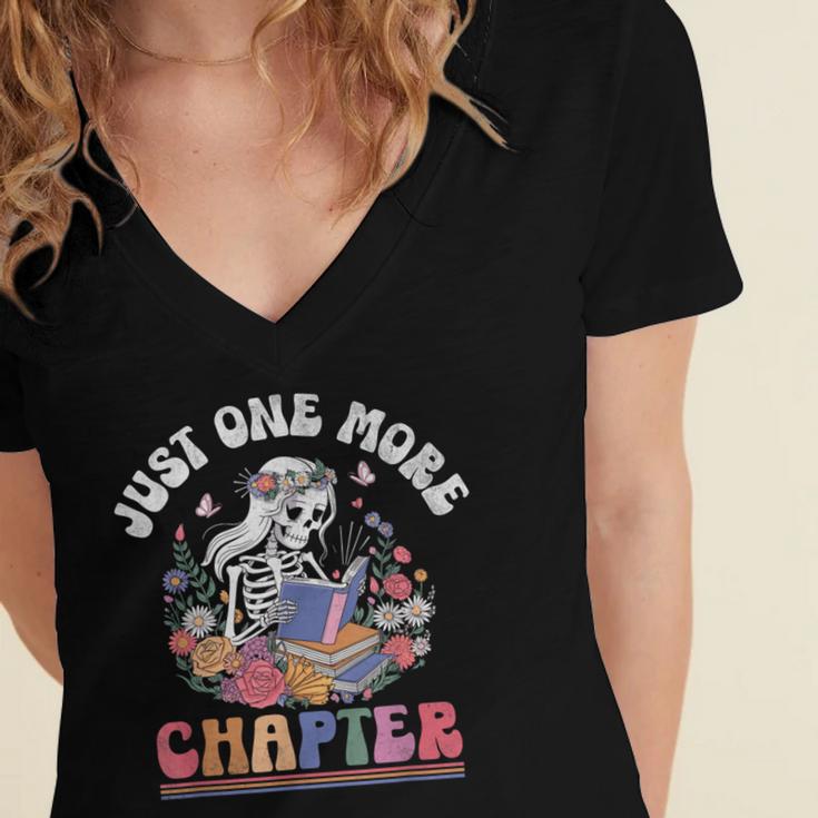 Just One More Chapter Skeleton Reading Book Bookworm Reader Women's Jersey Short Sleeve Deep V-Neck Tshirt