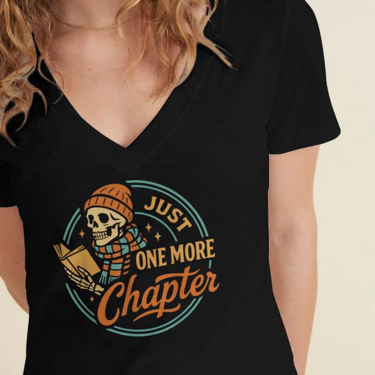Just One More Chapter Skeleton Reading Book Scaft Beanie Women's Jersey Short Sleeve Deep V-Neck Tshirt