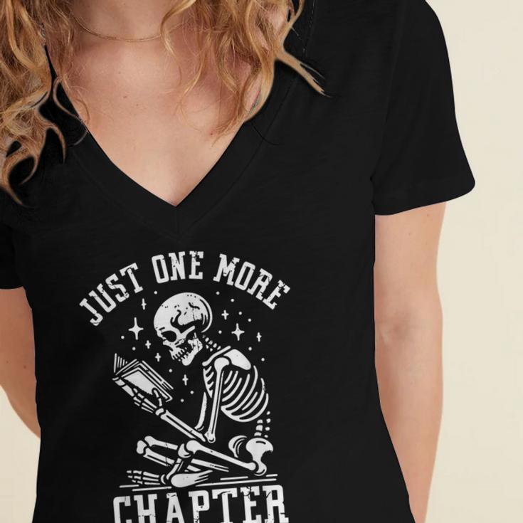Just One More Chapter Skeleton Reading Book Women's Jersey Short Sleeve Deep V-Neck Tshirt