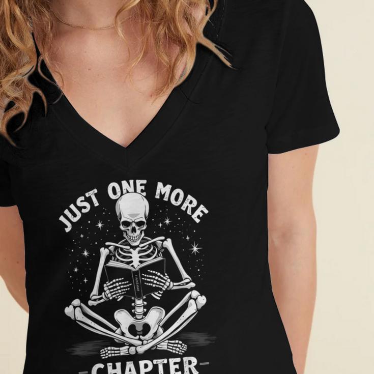 Just One More Chapter Skeleton Reading Bookworm Women's Jersey Short Sleeve Deep V-Neck Tshirt