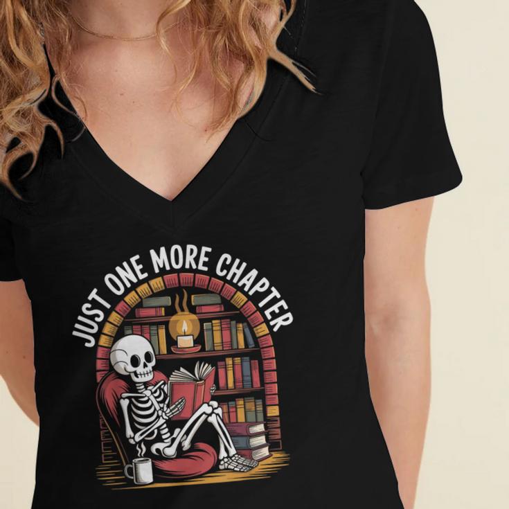 Just One More Chapter Skeleton Reading Cozy Books Women's Jersey Short Sleeve Deep V-Neck Tshirt
