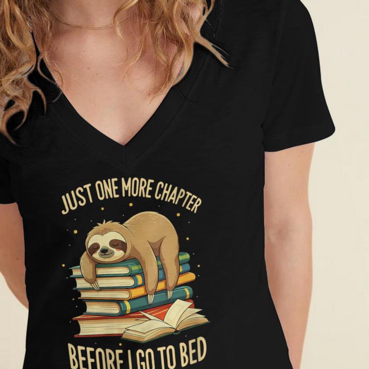 Just One More Chapter Sloth Sleeping On Books Reading Women's Jersey Short Sleeve Deep V-Neck Tshirt