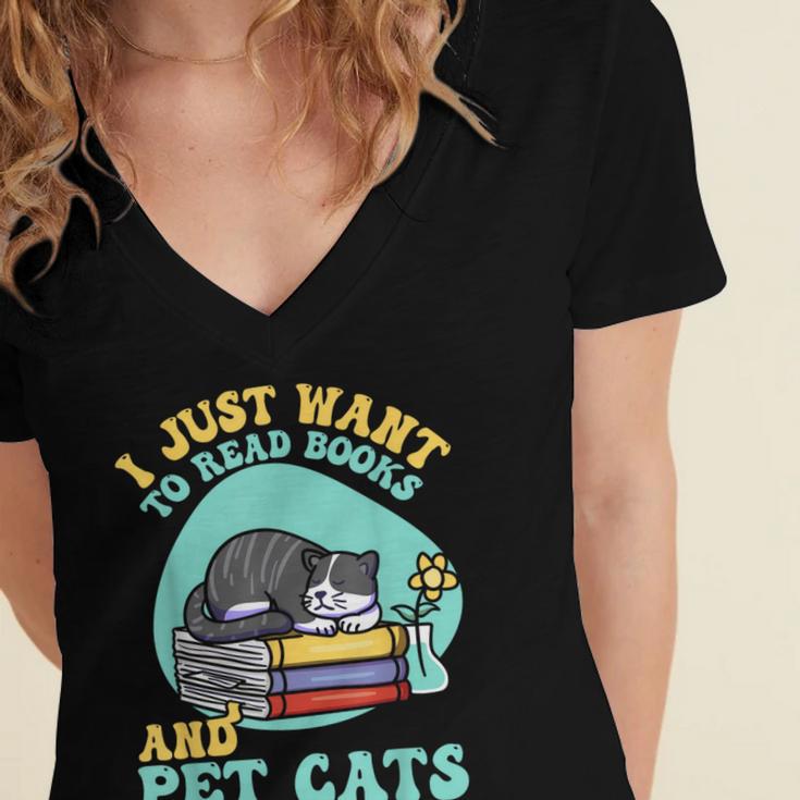 I Just Want To Read Books And Pet Cats Cat Book Lovers Women's Jersey Short Sleeve Deep V-Neck Tshirt