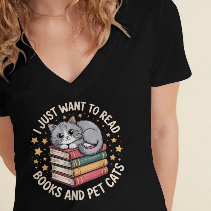 I Just Want To Read Books And Pet Cats Cat And Book Women's Jersey Short Sleeve Deep V-Neck Tshirt