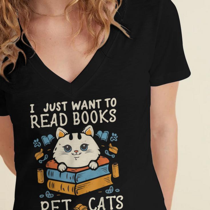 I Just Want To Read Books And Pet Cats Introvert Women's Jersey Short Sleeve Deep V-Neck Tshirt