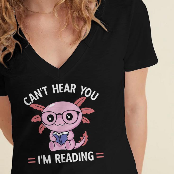 Kawaii Axolotl Can't Hear You I'm Reading Book Lover Women's Jersey Short Sleeve Deep V-Neck Tshirt Kawaii Axolotl Can't Hear You I'm Reading Book Lover Women's Jersey Short Sleeve Deep V-Neck Tshirt