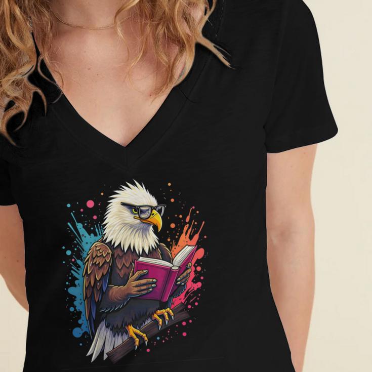 Kawaii Eagle Reads Book Reading Library Book Bookworm Women's Jersey Short Sleeve Deep V-Neck Tshirt