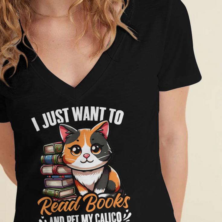 Kawaii Feline Book Reading Read Books Pet My Calico Cat Men Women Women's Jersey Short Sleeve Deep V-Neck Tshirt Kawaii Feline Book Reading Read Books Pet My Calico Cat Men Women Women's Jersey Short Sleeve Deep V-Neck Tshirt