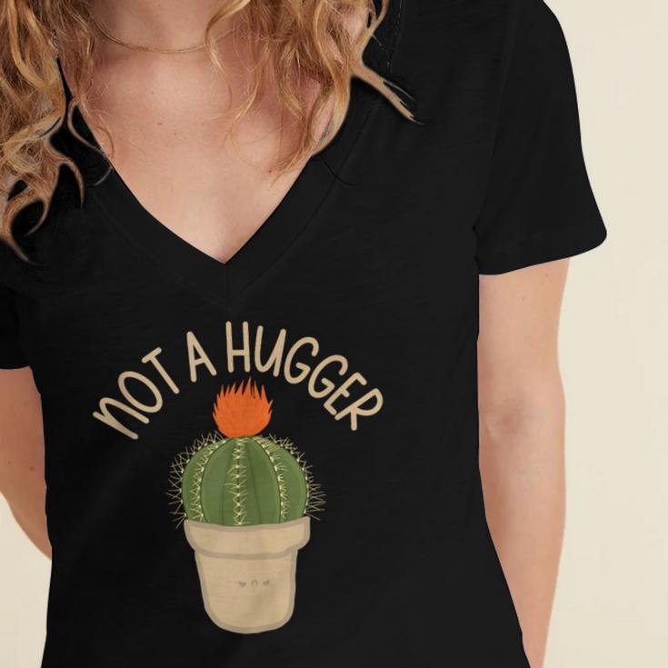 Kawaii Grumpy Cactus Not a Hugger Plant Introvert Women's Jersey Short Sleeve Deep V-Neck Tshirt