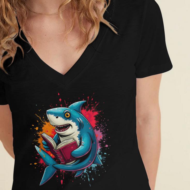 Kawaii Shark Reads Book Reading Library Book Bookworm Women's Jersey Short Sleeve Deep V-Neck Tshirt Kawaii Shark Reads Book Reading Library Book Bookworm Women's Jersey Short Sleeve Deep V-Neck Tshirt