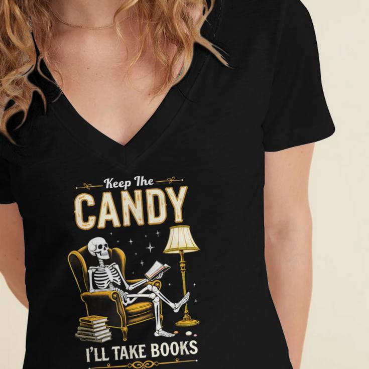 Keep The Candy I'Ll Take Books Halloween Women's Jersey Short Sleeve Deep V-Neck Tshirt