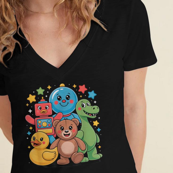 Kidcore Aesthetic Retro Vibes Colorful Cartoon Nostalgia Women's Jersey Short Sleeve Deep V-Neck Tshirt