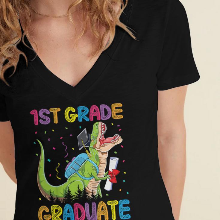 Kids 1st Grade Graduate Dinosaur Trex 1st Grade Graduation Women's Jersey Short Sleeve Deep V-Neck Tshirt