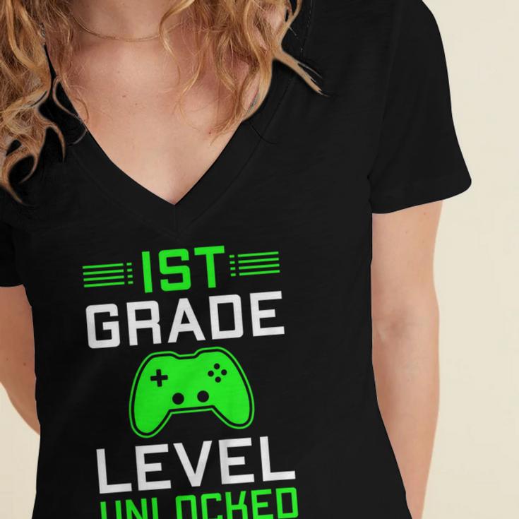 Kids 1st Grade Level Unlocked Back To School Gamer Graduation Women's Jersey Short Sleeve Deep V-Neck Tshirt